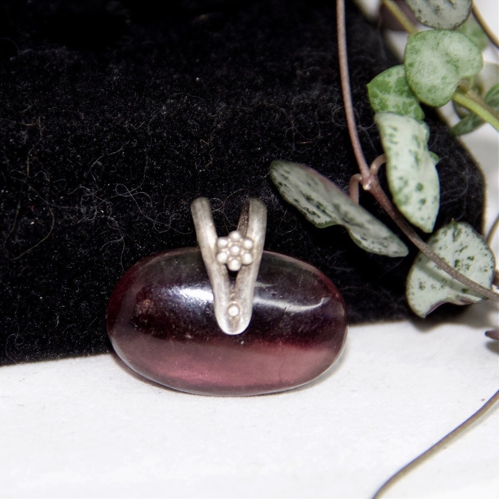 Sterling Silver 925 Purple Fluorite Oval Cabochon Flower Bail Pendant